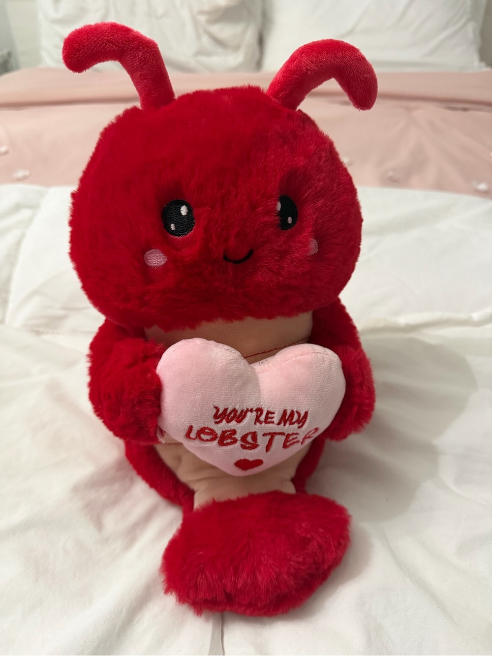Red Plush Lobster Holding Pink Heart